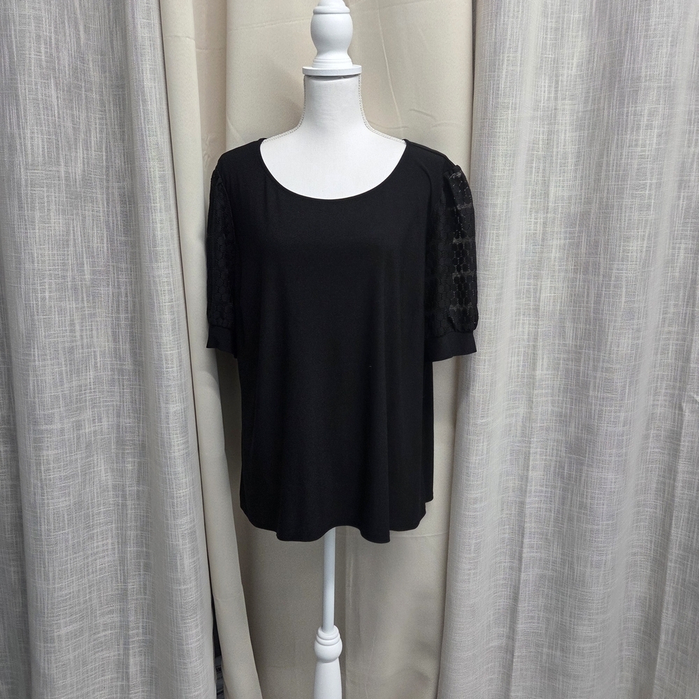 Women's Black Scoop Neck Top with Lace Sleeve Panels